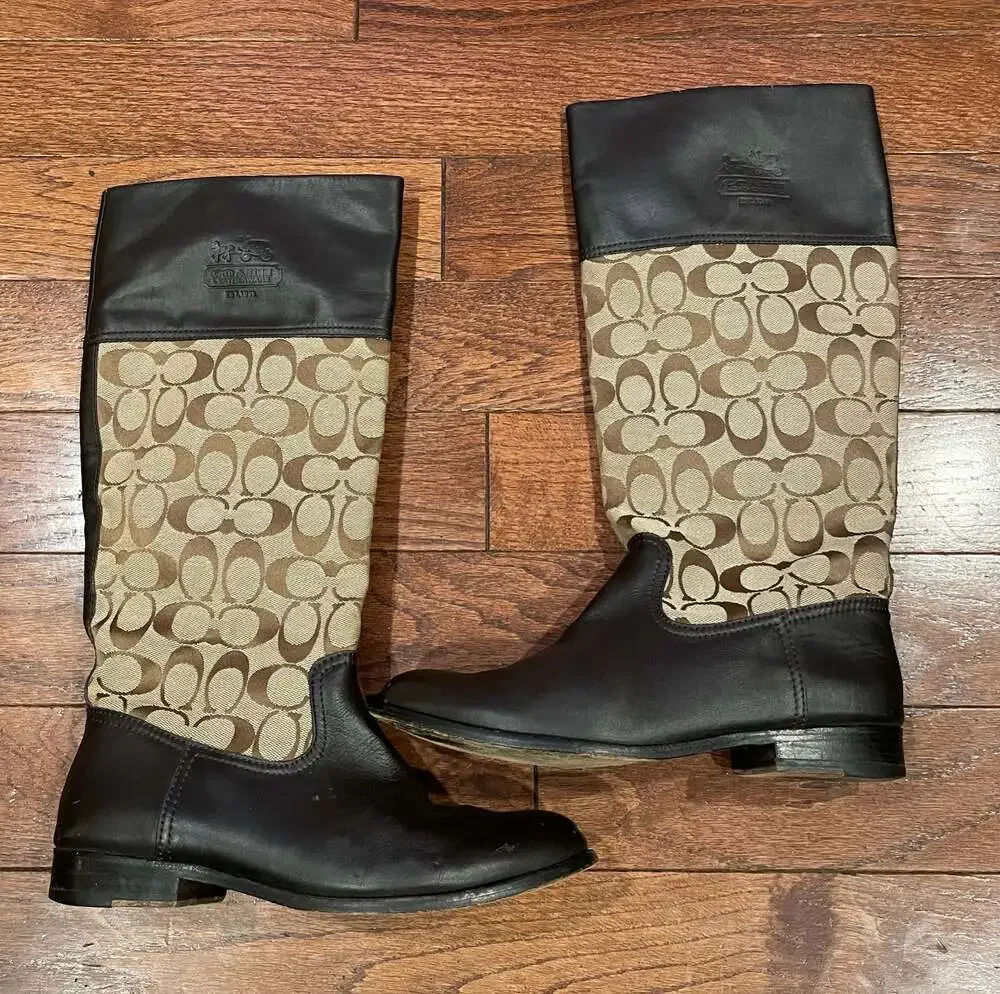 Vintage Coach Chrissi 8.5 Signature C Riding Boots Brown Leather Y2K